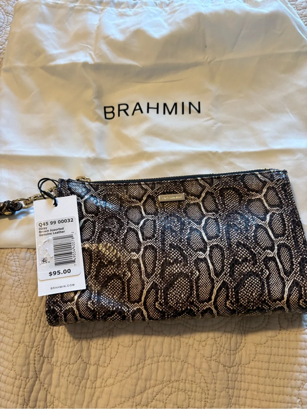 Brahmin Daisy Brown Snake-Print Leather Wristlet - Picture 1 of 3